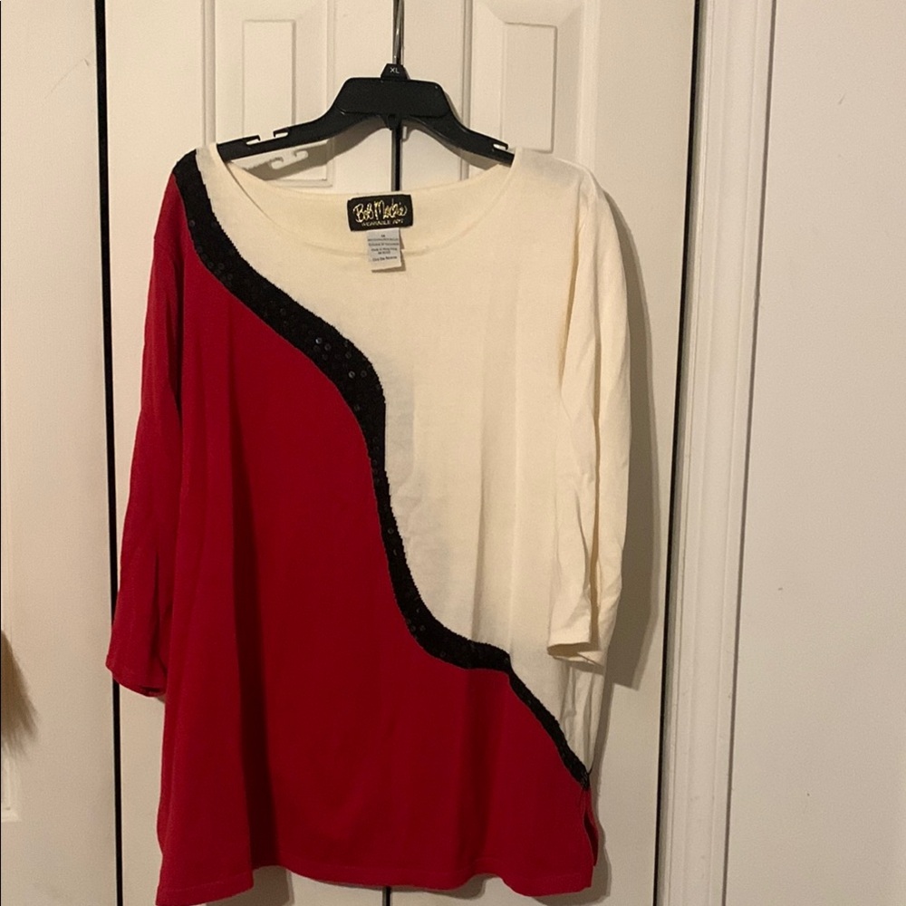 Bobbie Brooks Red and White Asymmetrical Raglan Blouse
